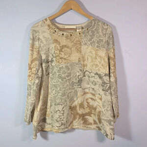 Alfred dunner large block print floral silver thread shimmer rhinestone collar